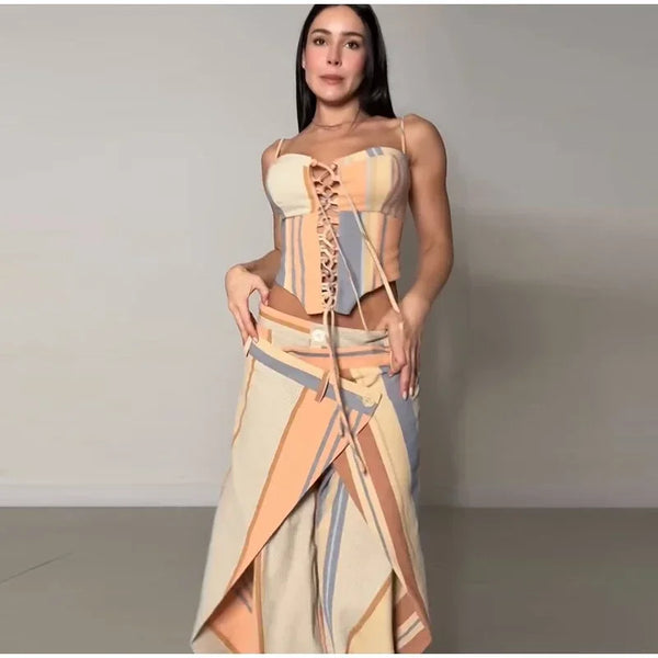 Valentina Striped Lace-Up Tube Top & Wrap Wide-Leg Pants Two-piece