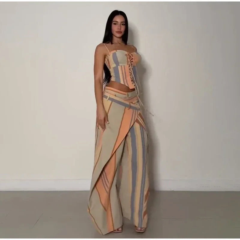 Valentina Striped Lace-Up Tube Top & Wrap Wide-Leg Pants Two-piece