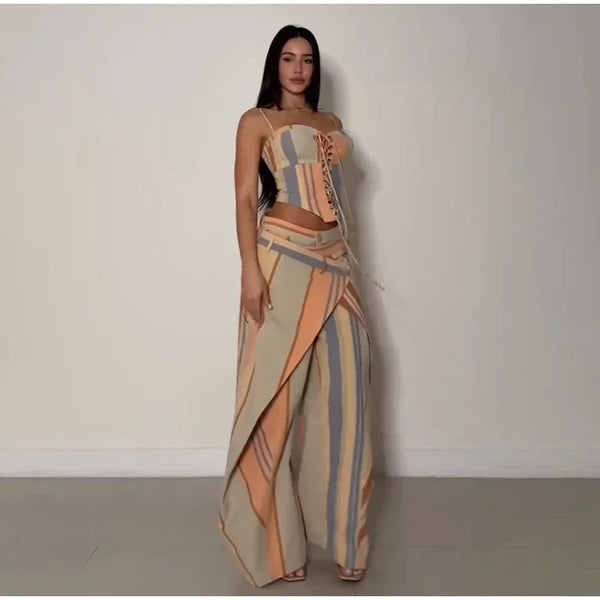 Valentina Striped Lace-Up Tube Top & Wrap Wide-Leg Pants Two-piece