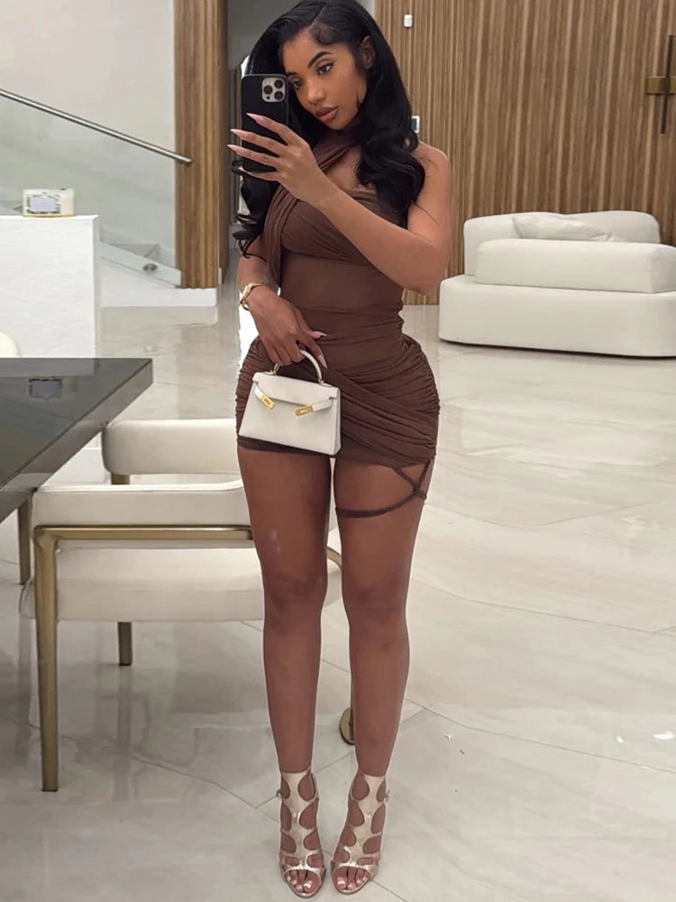 Calista Mesh Cutout Asymmetrical Mini Dress