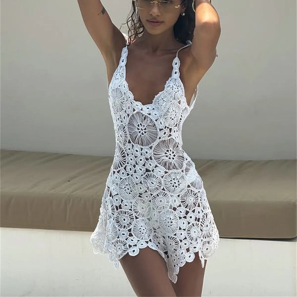 Velia Crochet Backless Beach Cover-Up Mini Dress One-piece