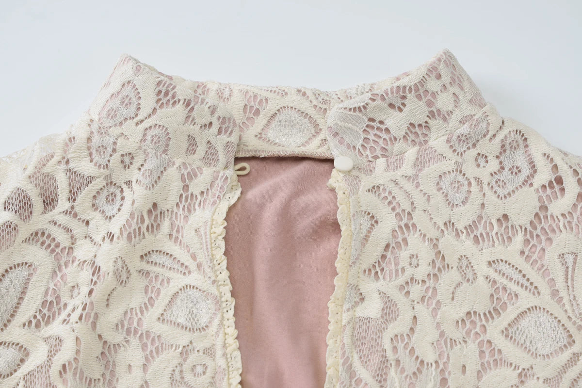 Pearl Lace Keyhole Flare-Sleeve Mini Dress