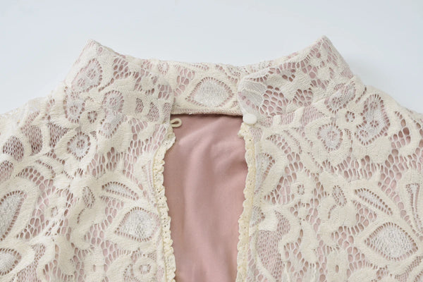 Pearl Lace Keyhole Flare-Sleeve Mini Dress