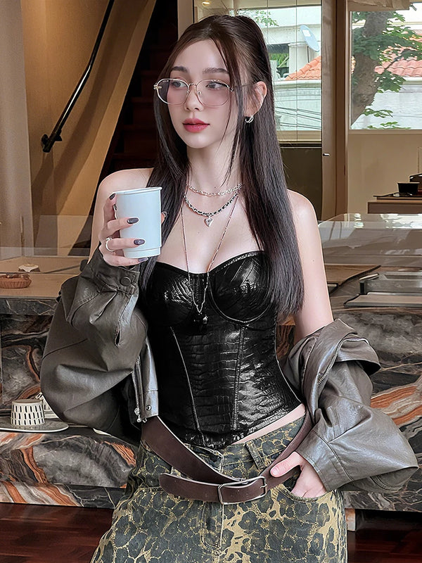Kliou PU Leather Tank Tops Woman Sexy Chest Wrap Off Shoulder Backless Shape Waist Look Slimmer Hot Girls Street Fashion Vest