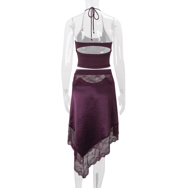 Violetta Lace Satin Asymmetrical Midi Skirt Set Two-piece