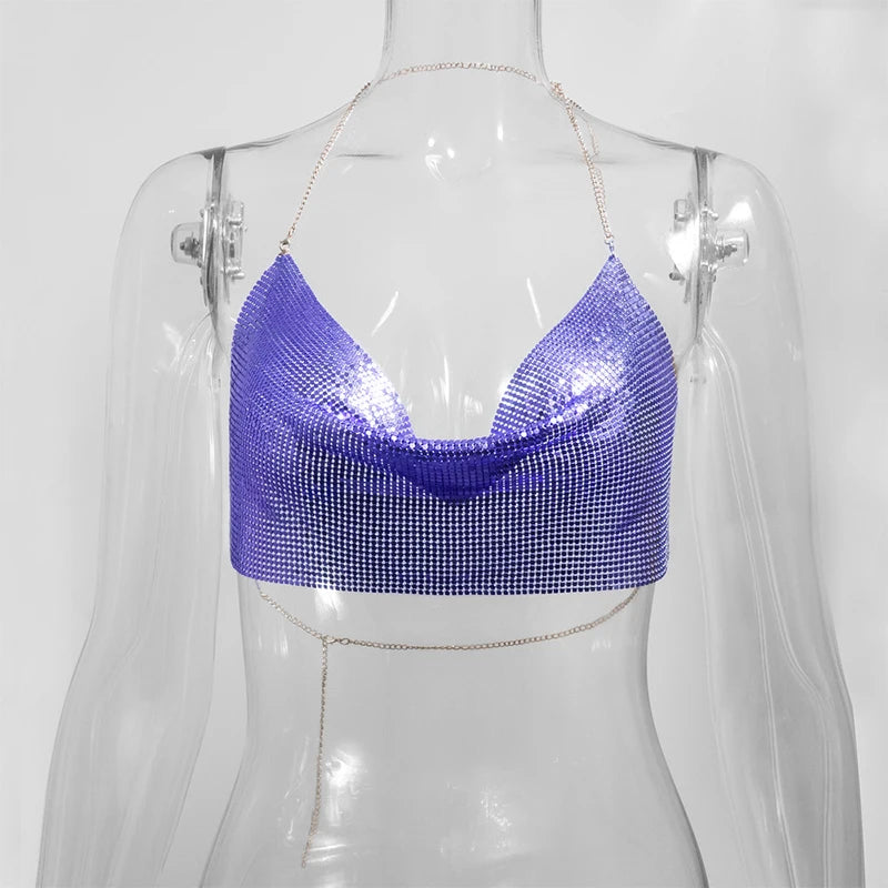 Electra Metallic Sequin Halter Backless Crop Top One-piece