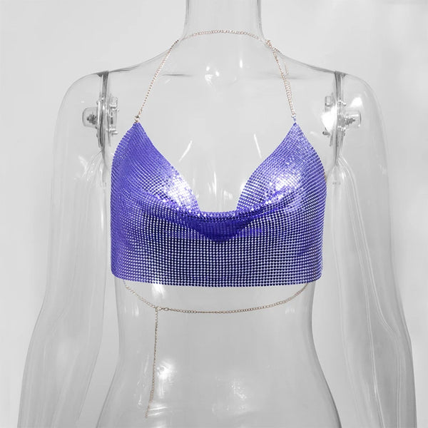 Electra Metallic Sequin Halter Backless Crop Top One-piece