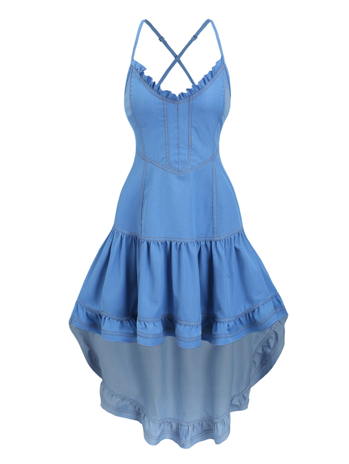 Zuzana Chambray Ruffled High-Low Cami Midi Dress