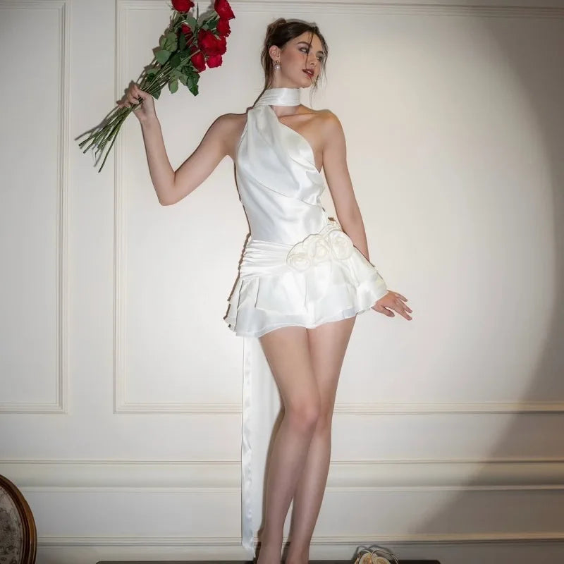 Yvette 3D Floral Satin Halter Mini Dress