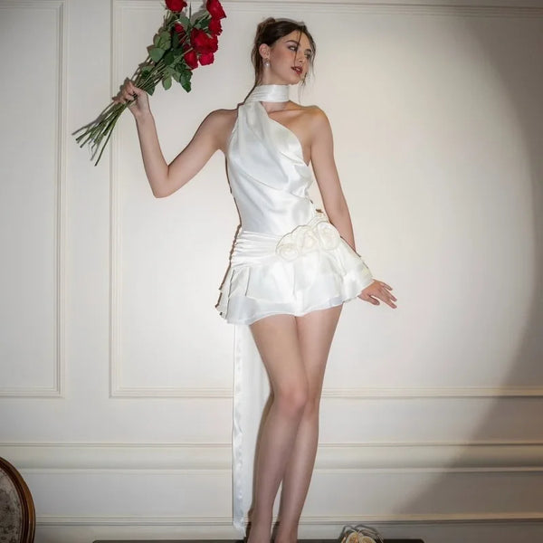 Yvette 3D Floral Satin Halter Mini Dress