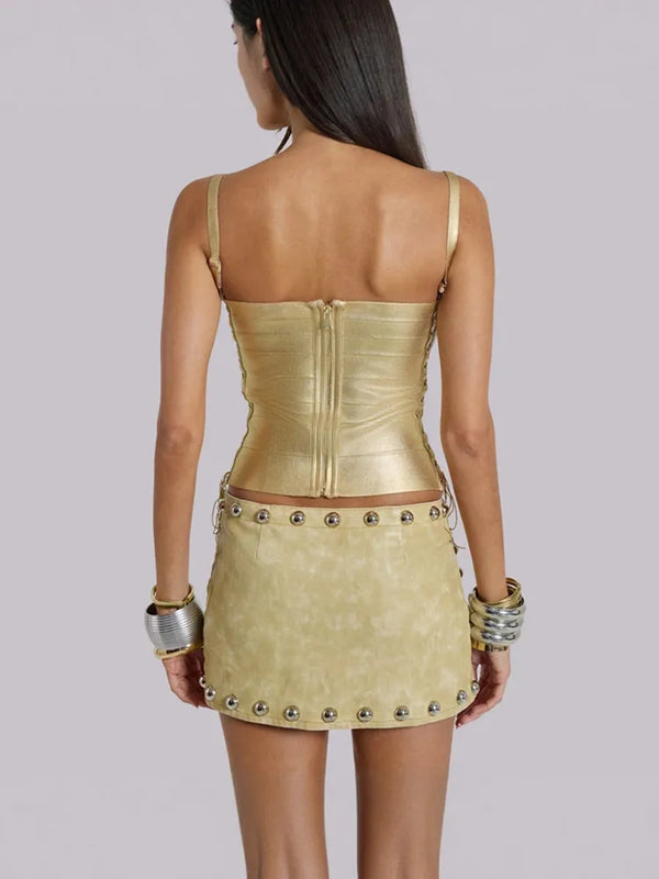 Women Summer Sexy Lacing Bronzing Gold Silver Bodycon Bandage Tops Celebrity Designer Fashion High Street Top