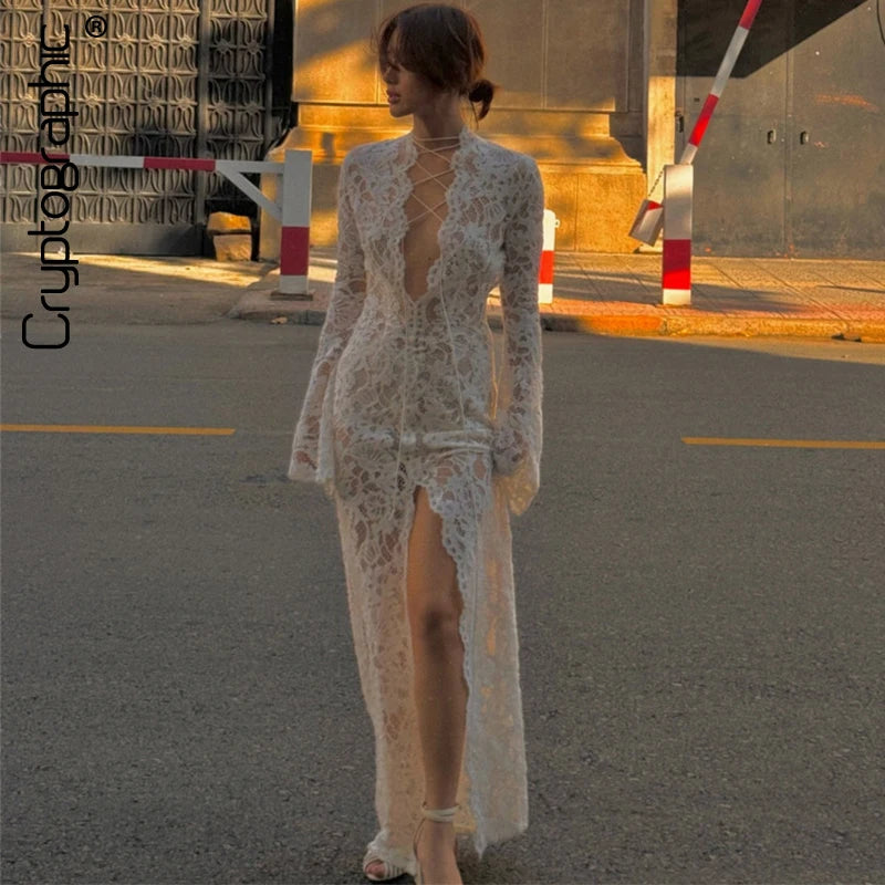 Isolde Sheer Lace-Up Long-Sleeve Maxi Dress