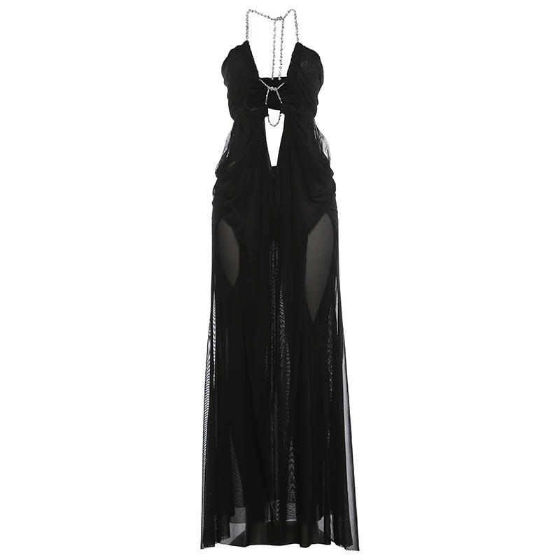 Kira Chain-Halter Mesh Maxi Dress