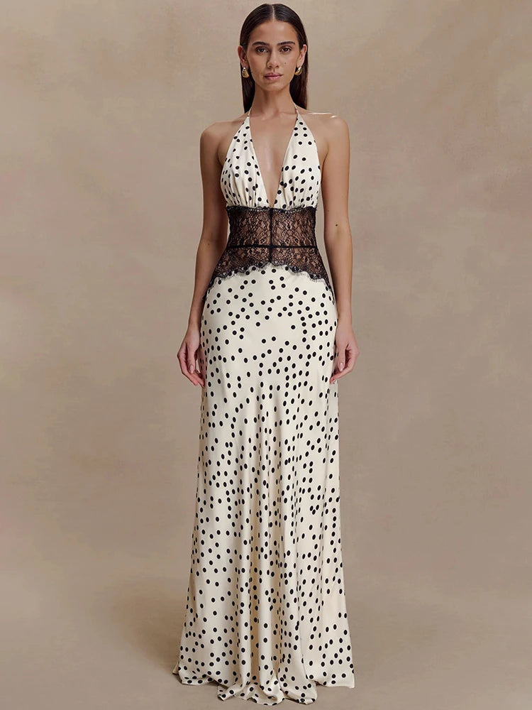 Cecelia Noir Lace Polka Halter Maxi Dress