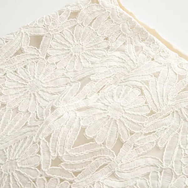Evangelina Embroidered Lace Bell-Sleeve Tie-Neck Blouse & Mini Skirt Two-piece