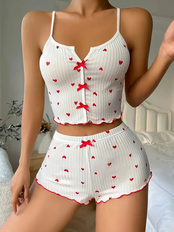 Lacey Heart-Print Ribbed Pajama Two-piece