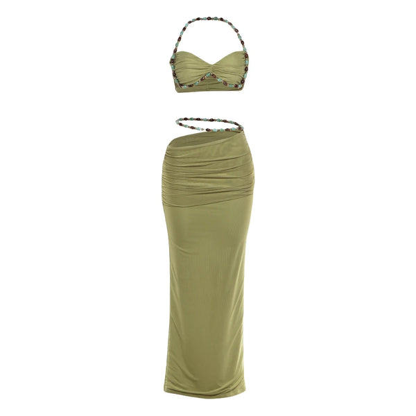 Kliou Beads Decoration 2 Piece Set Woman Halter Low-Neck Backless Camisole Tops+Elastic Waist Long Skirts Elegant Style Outfits