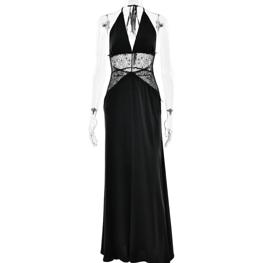Pervinca Lace-Panel Satin Plunge Halter Backless Maxi Dress