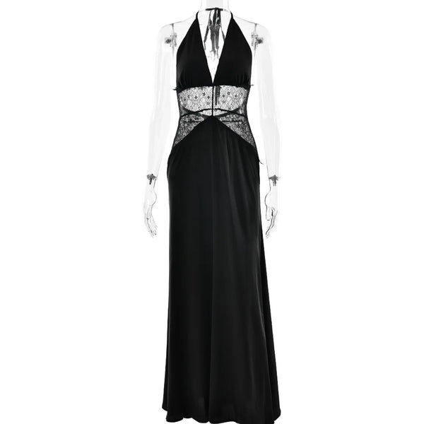 Pervinca Lace-Panel Satin Plunge Halter Backless Maxi Dress