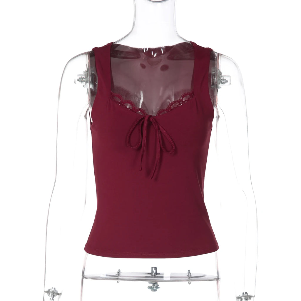 Dulzura Summer Fashion Sexy Square Collar Lace Up Ruffles Slim Vest Women'S Casual Versatile Y2K Top Party Street Style Clothes