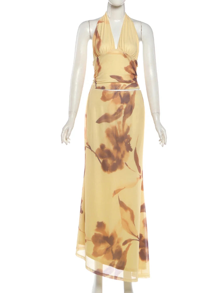 Emmeline Floral Printed Halter Maxi Skirt Set Two-piece