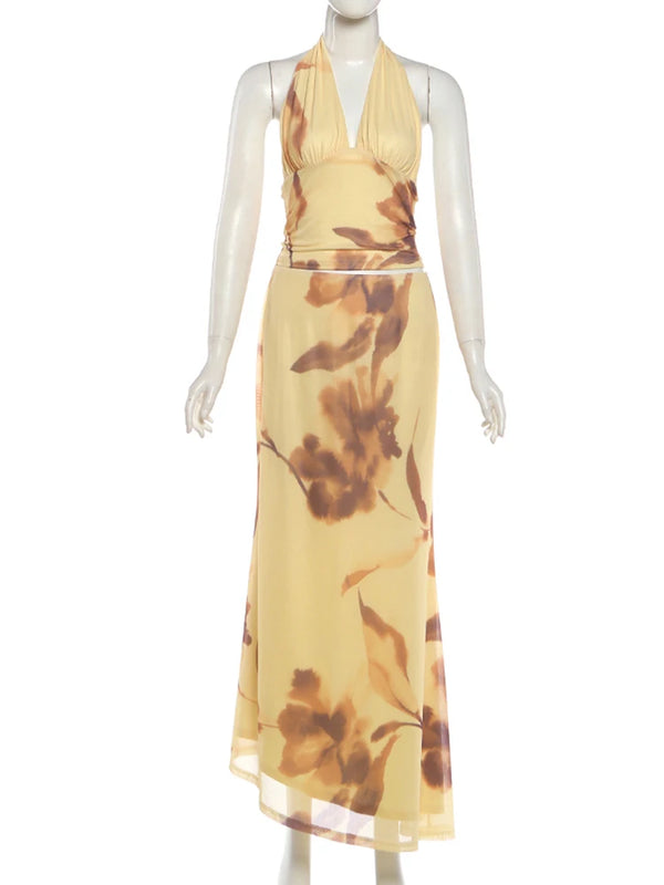 Emmeline Floral Printed Halter Maxi Skirt Set Two-piece