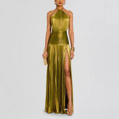 Alina Gold Pleated Halter Maxi Dress
