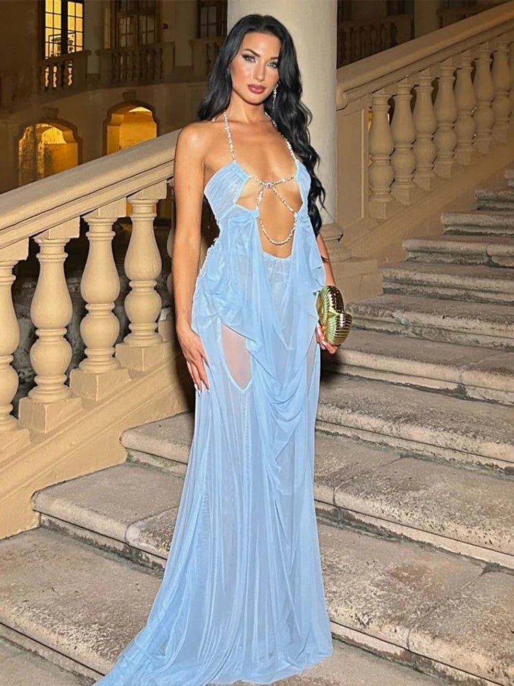 Kira Chain-Halter Mesh Maxi Dress