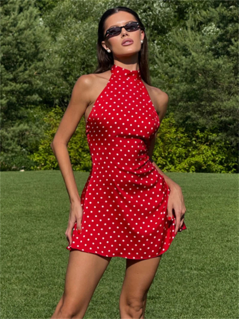 Hyacinthe Polka-Dot Tie-Halter Backless A-Line Mini Dress