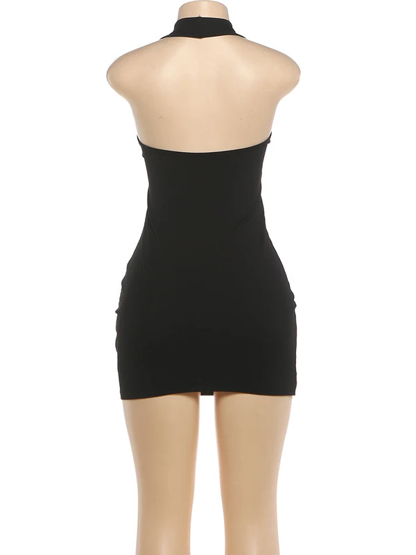 Kliou Sexy Backless Mini Dress Woman Metal Ring Hollow Decoration Halter U Collar Sleeveless Midnight Club Party Hipster Bodycon