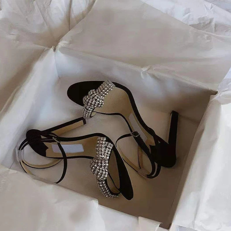 Bellamy Rhinestone Ankle-Wrap Stiletto Sandals