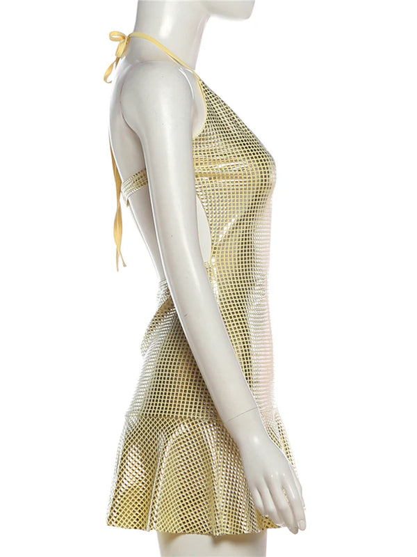 Evdokia Sequin Mesh Plunge Halter Cutout Backless Ruffle-Hem Mini Dress