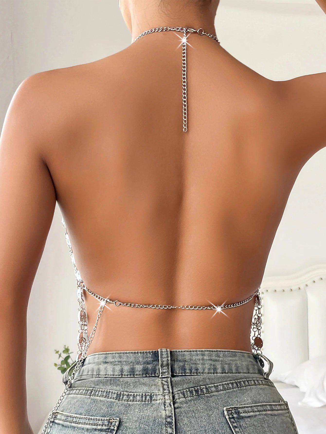 Ondine Silver Rhinestone Chain Corset Crop Top