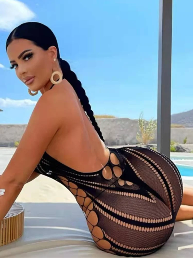 Ottavia Chevron Fishnet Lace-Up Halter Backless Bodycon Mini Dress