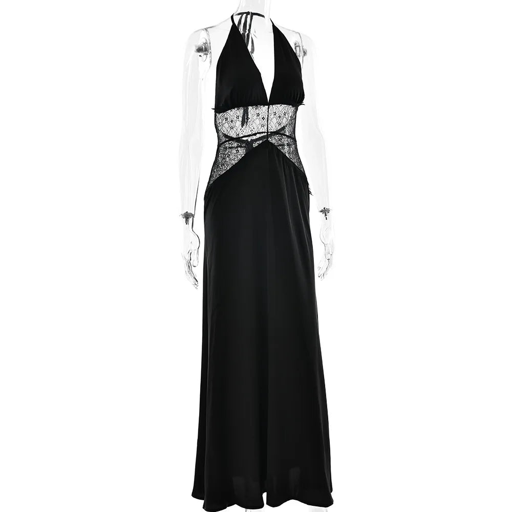 Pervinca Lace-Panel Satin Plunge Halter Backless Maxi Dress