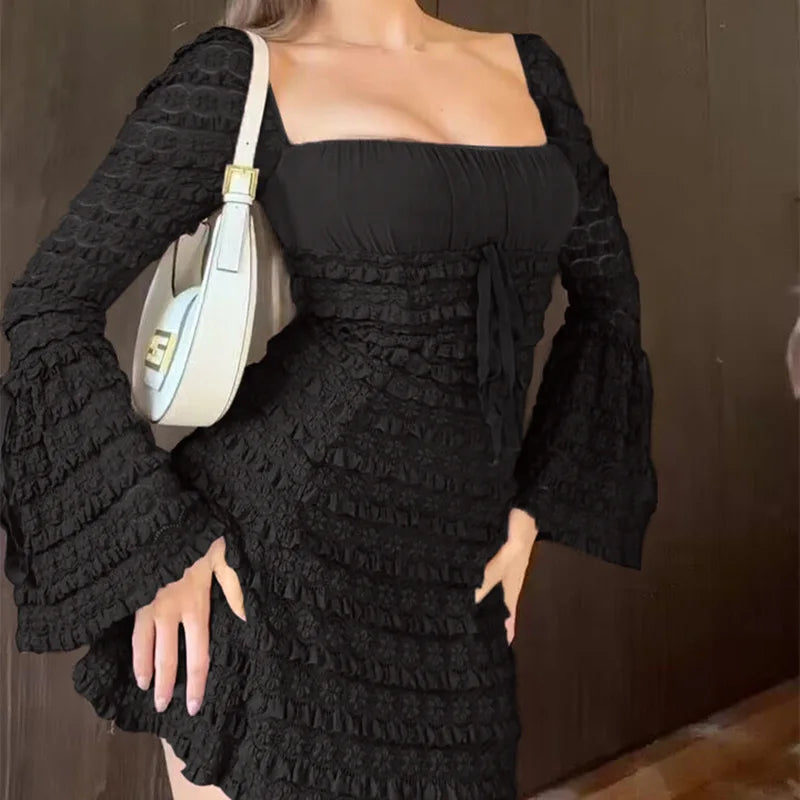 Cocoa Floral-Lace Flare-Sleeve Mini Dress