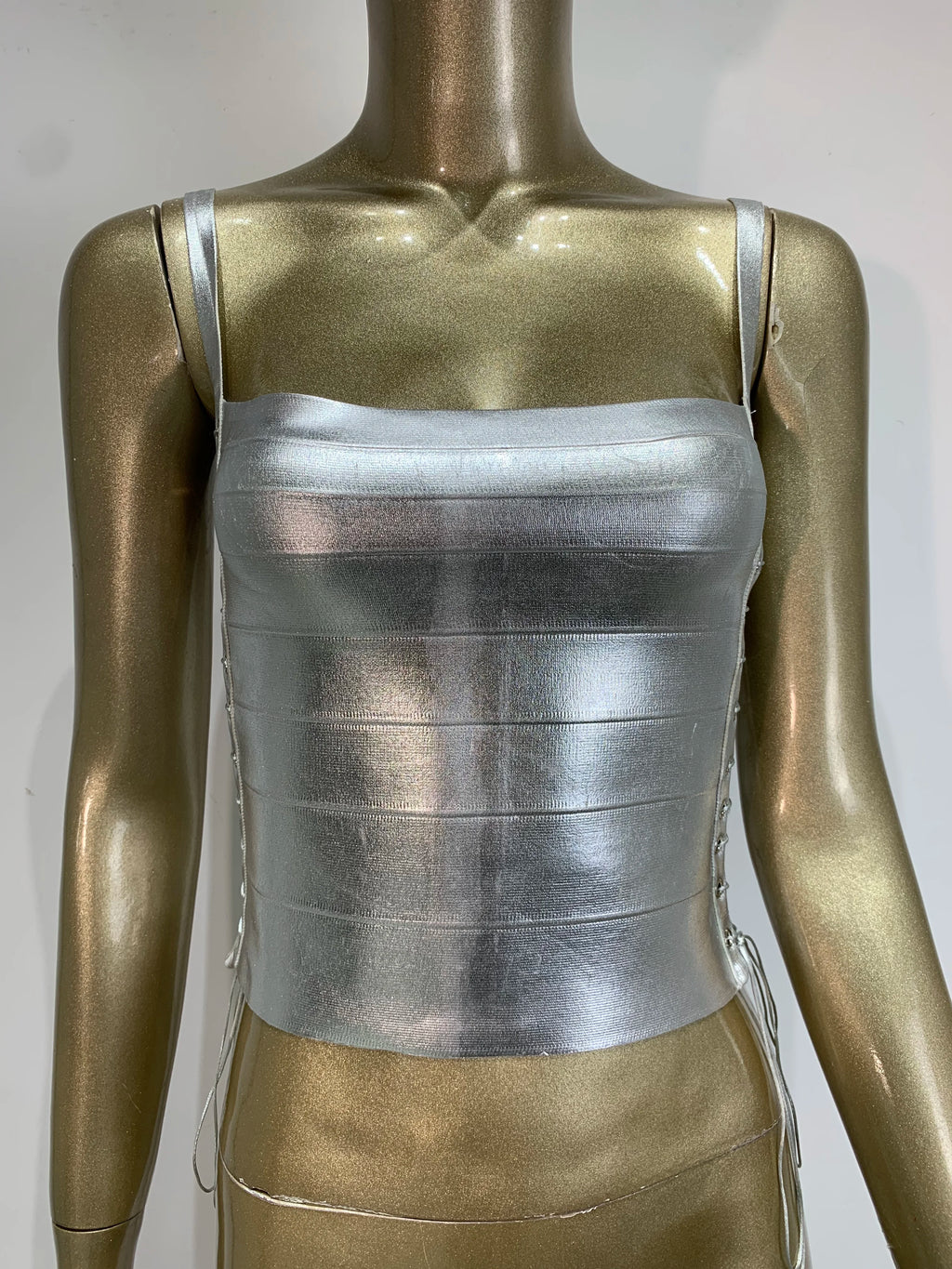 Women Summer Sexy Lacing Bronzing Gold Silver Bodycon Bandage Tops Celebrity Designer Fashion High Street Top