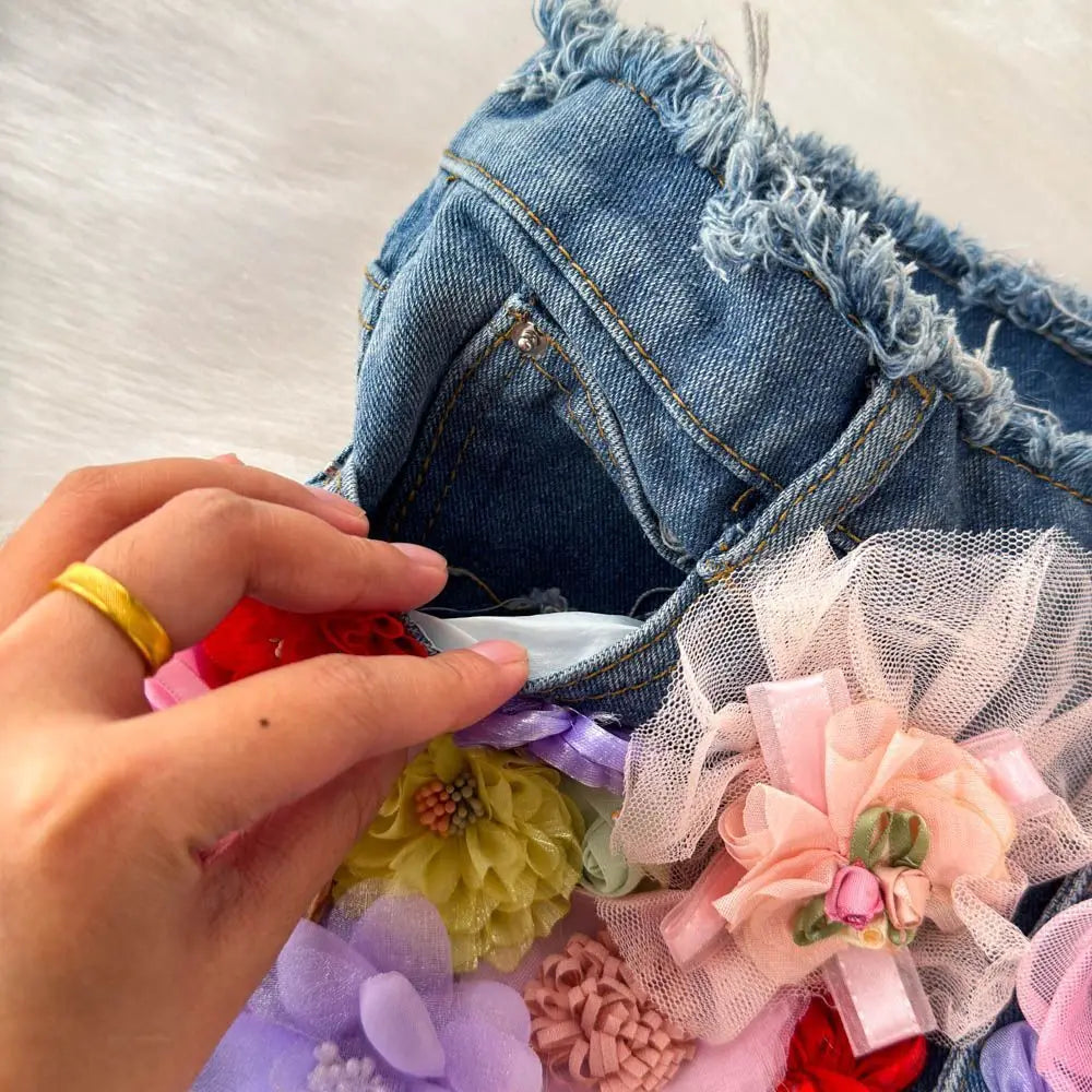Flora 3D Floral Denim Shorts Apparel One-piece