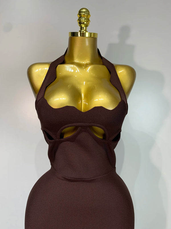 Ornella Scalloped Cutout Halter Bandage Maxi Dress