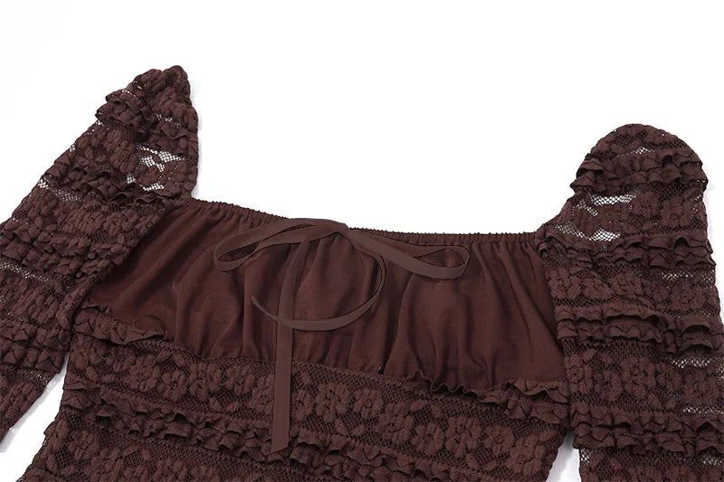 Cocoa Floral-Lace Flare-Sleeve Mini Dress
