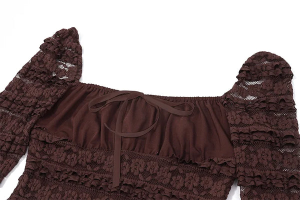 Cocoa Floral-Lace Flare-Sleeve Mini Dress