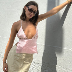 Nadafair Satin Backless Women V Neck Sexy Summer Tops Sleeveless Halter Pink Khaki Purple Chic Elegant Camis 2023 Y2K Streetwear