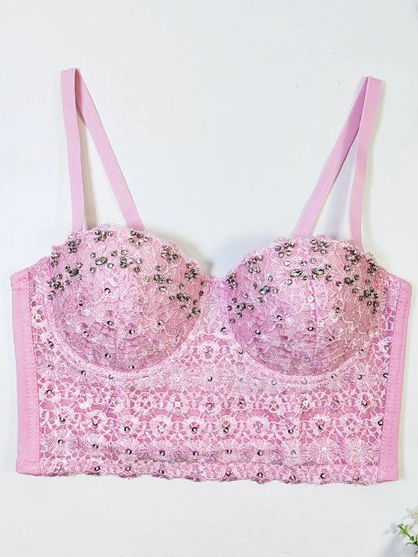 Sexy see through lace corset crop top women clothing summer cropped bustier bra halter tank top rhinestone club party tube tops