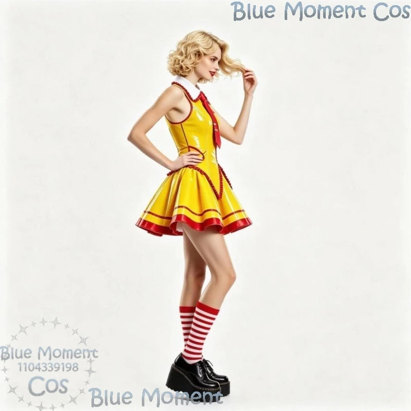 Ruby Red & Yellow Patent Server Cosplay Costume Set with Tie & Striped Socks