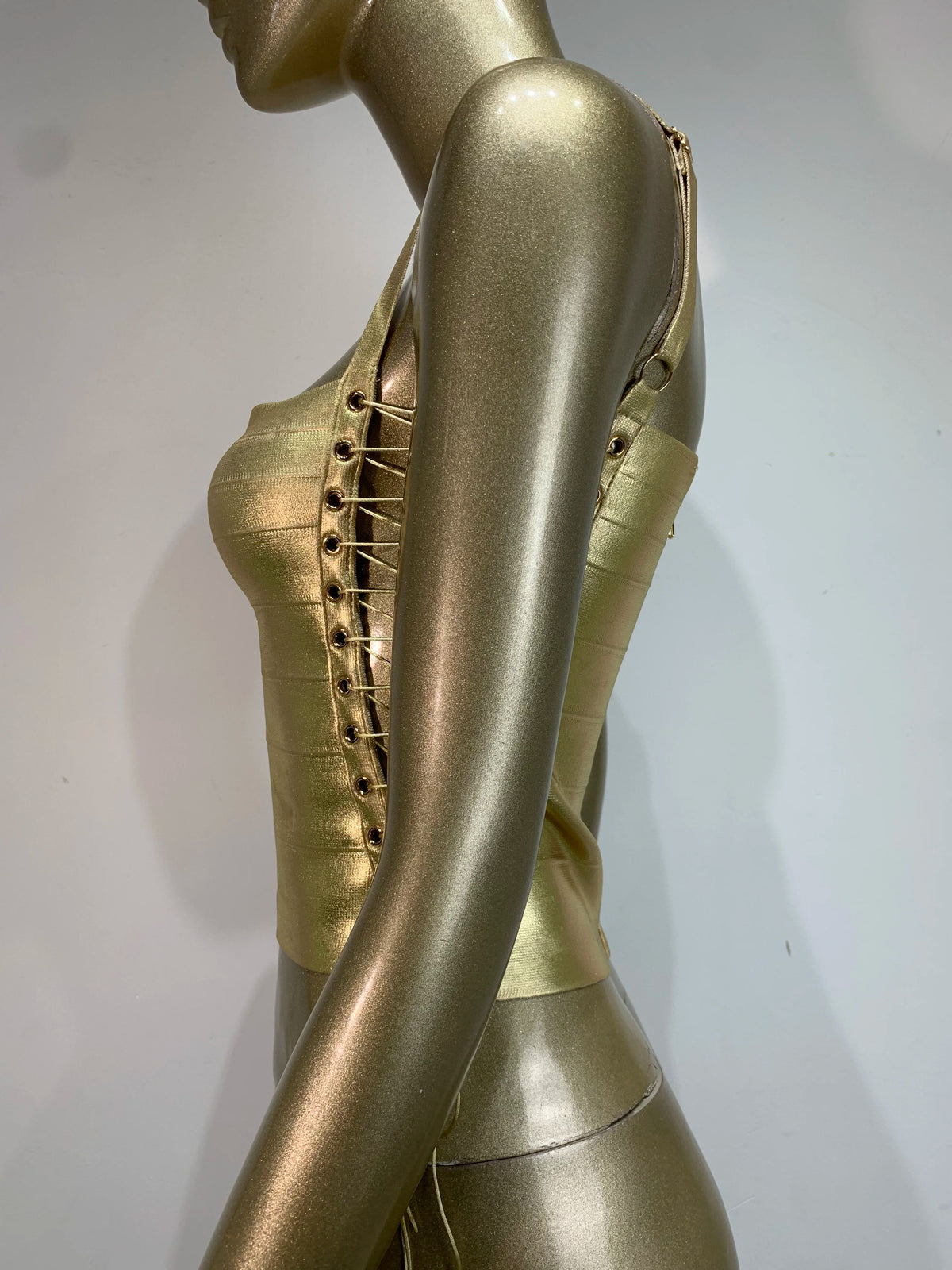 Women Summer Sexy Lacing Bronzing Gold Silver Bodycon Bandage Tops Celebrity Designer Fashion High Street Top