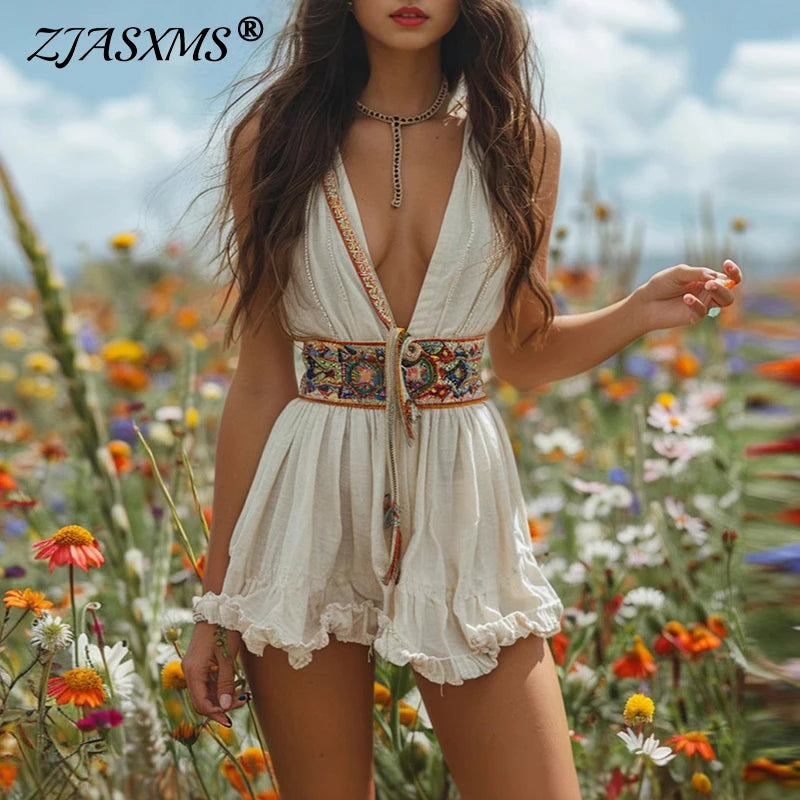 Blythe White Deep-V Ruffle Cutout Mini Dress