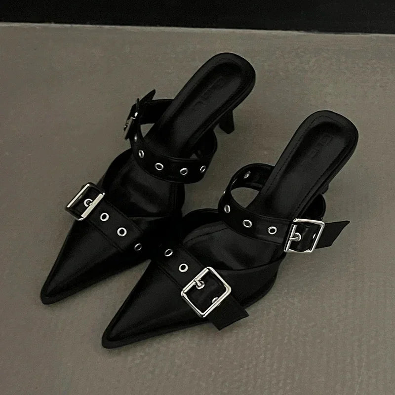Veda Metal-Buckle Pointed-Toe Heels