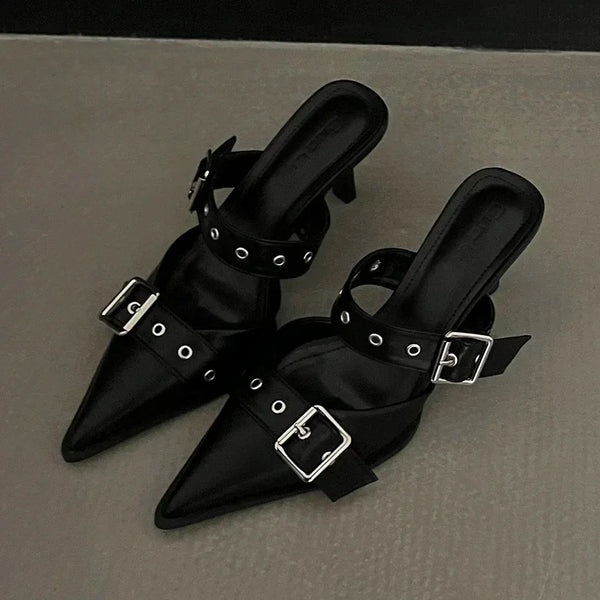 Veda Metal-Buckle Pointed-Toe Heels