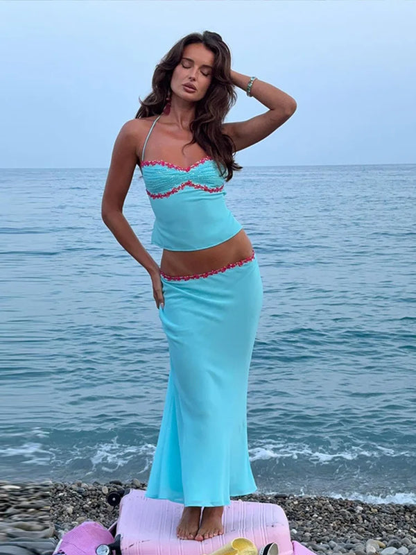 2 Piece Skirt Set Sequin Trim Halter Crop Top Maxi Skirt 2026 Spring Summer Y2K Night Out Clubwear Party Bodycon Co-ord Outfit