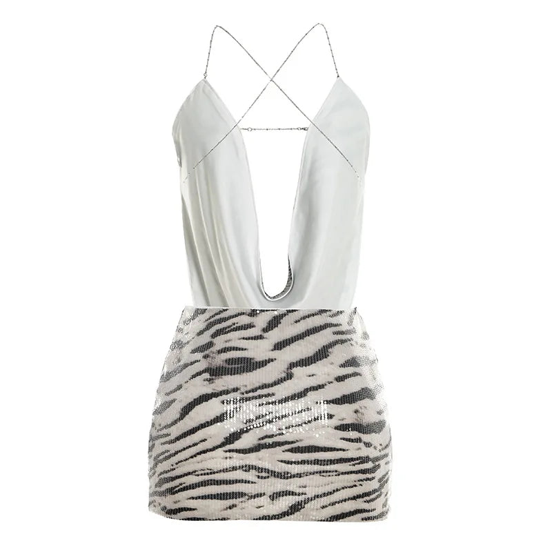 Zahara Zebra-Sequin Backless Mini Skirt Set Two-piece
